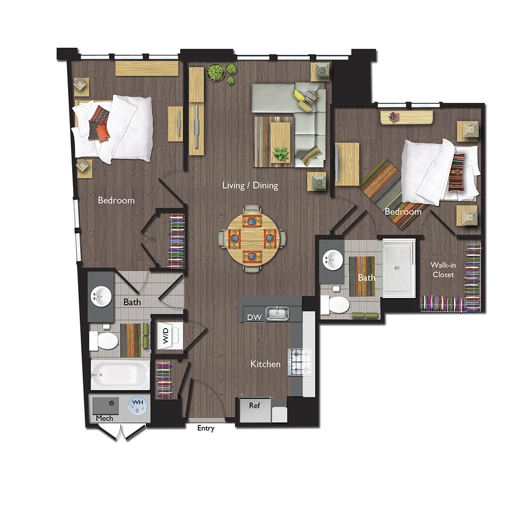 Floor plan for 2 beds, 2 baths, 957 sqft